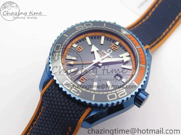 0818 FreshLook Planet Ocean 45mm GMT Blue DLC Black OMF Best Edition Blue Dial On Blue Gummy Strap A 8123